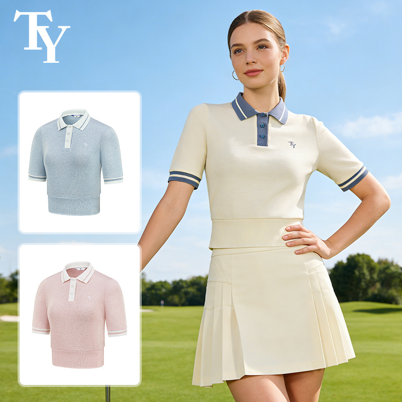 Ty Korean Style Golf Color-Blocked Lapel Short-Sleeve Women's Short Waist-Cinching Polo Shirt Casual Sporty Top