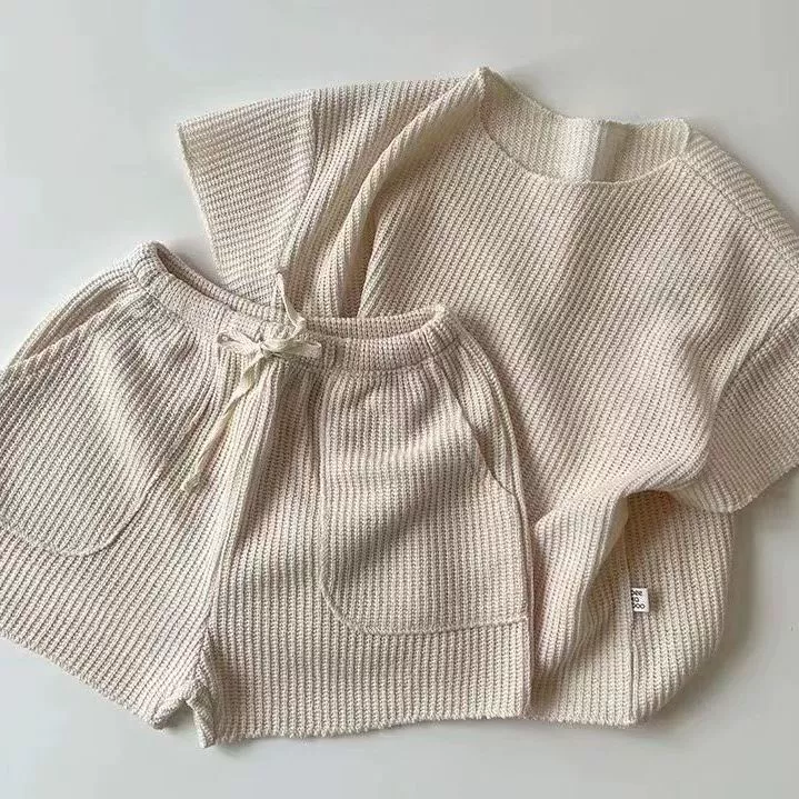 Пижама для отдыха, комплект, вязаный спортивный костюм, корейский стиль, детская одежда, с коротким рукавом, семейный комплект