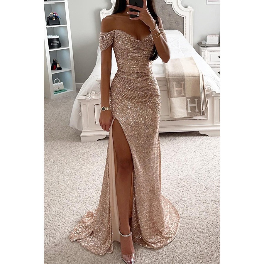 Cross-Border Hot-Selling Foreign Trade Women's Clothing Independent Station Polyester Sexy Fine Glitter Slit Ball Gown Sequin Dress New Product