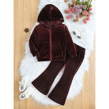 外贸热销女童金丝绒运动套装连帽拉链上衣微喇叭长裤外出两件套