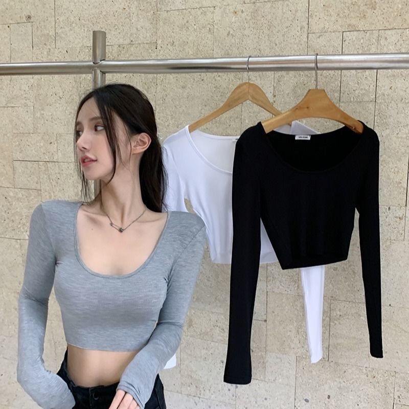 European and American Spice Girl Style U-collar Grey T-shirt Women's Autumn Tight-fitting Slim-fit Long-sleeved Base Shirt Short Low-cut Backless Top