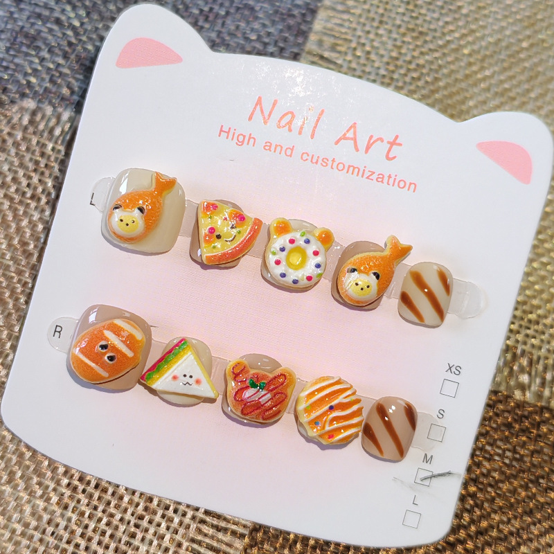 Cute Bread Bear Children's Wearable Nails Food Party Kids' Manicure Internet Celebrity Fake Nail Stickers for Ages 3-6-12 Cute Bread Bear Children's Wearable Nails Food Party Kids' Manicure Internet Celebrity Fake Nail Stickers for Ages 3-6-12