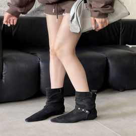 铆钉粗跟方头短筒裸靴女靴子2025秋冬新款小众复古设计感瘦瘦短靴