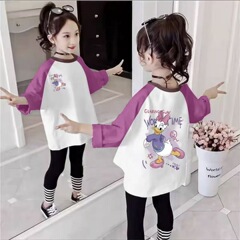 纯棉女童长袖体恤2025早秋新款中大童卡通印花拼色圆领打底上衣潮