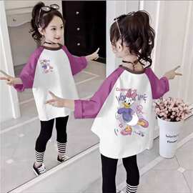 女童长袖体恤2025早秋新款中大童卡通印花拼色圆领打底上衣潮