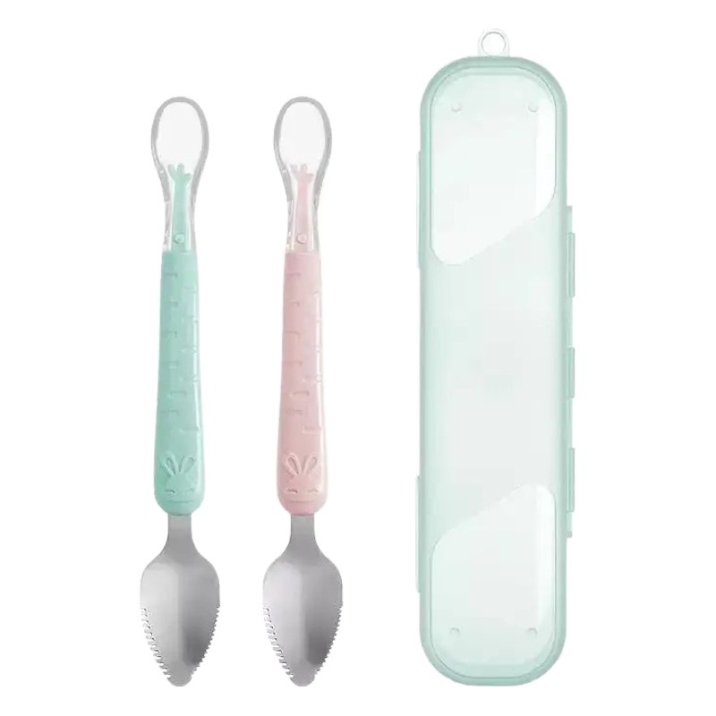 Cuchara de silicona para bebés Fruta Artefacto de barro Suplemento de alimentos para bebés Cuchara raspador de barro de doble cabeza Cuchara de excavación de barro de acero inoxidable 304