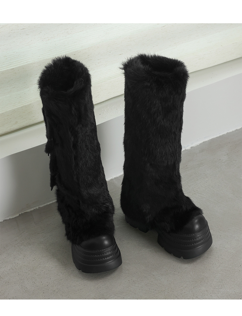Boot nữ cổ cao lông thỏ ấm áp đế dày buộc dây — Bộ lông màu trắng sữa chi tiết 15