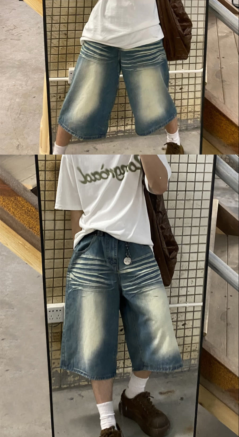 Men's Vintage Washed Blue Distressed Denim Shorts Loose Fit Streetwear Style Cargo Pants with Multi-Pockets_mkmklike.com