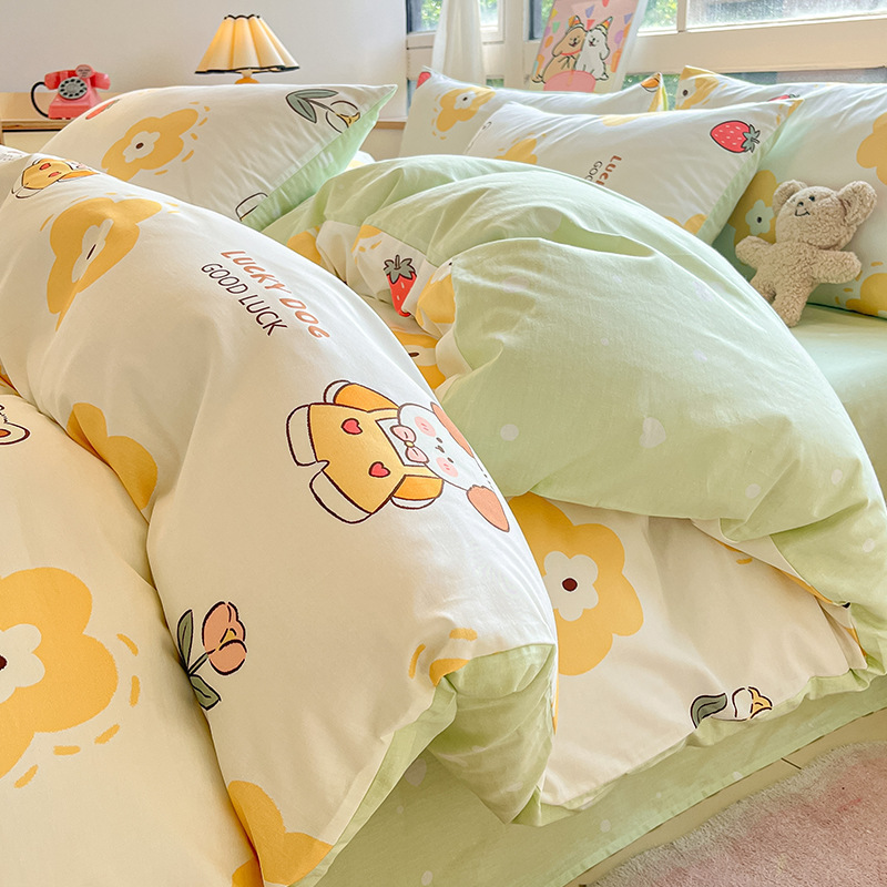 Cama de algodón cuatro piezas de sábanas de algodón cubierta dormitorio único pequeño fresco tres piezas de Nantong ropa de cama al por mayor