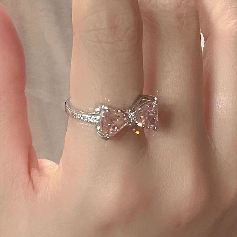 女性のファッショナブルな韓国の甘くて絶妙なピンクのフレンチリボンオープンリングニッチデザインガールフレンドリング|undefined