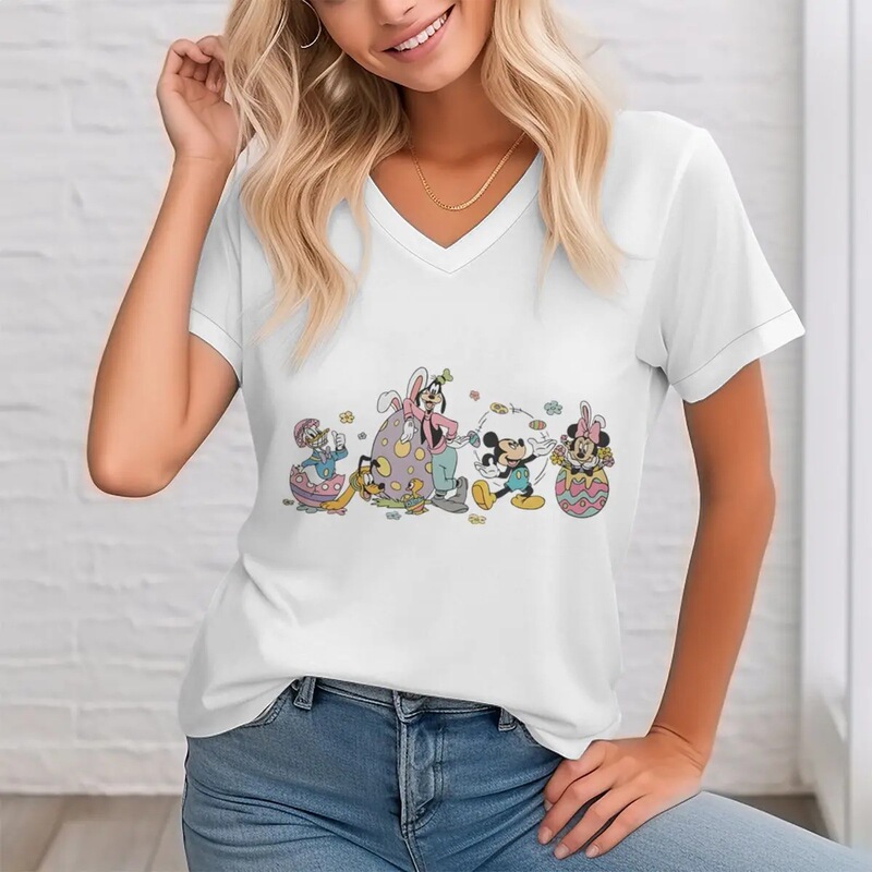 Women's Easter V-Neck T-Shirt with Cartoon Mickey and Minnie Graphics, Casual Short-Sleeve Top with Easter Egg Print Women's Easter V-Neck T-Shirt with Cartoon Mickey and Minnie Graphics, Casual Short-Sleeve Top with Easter Egg Print