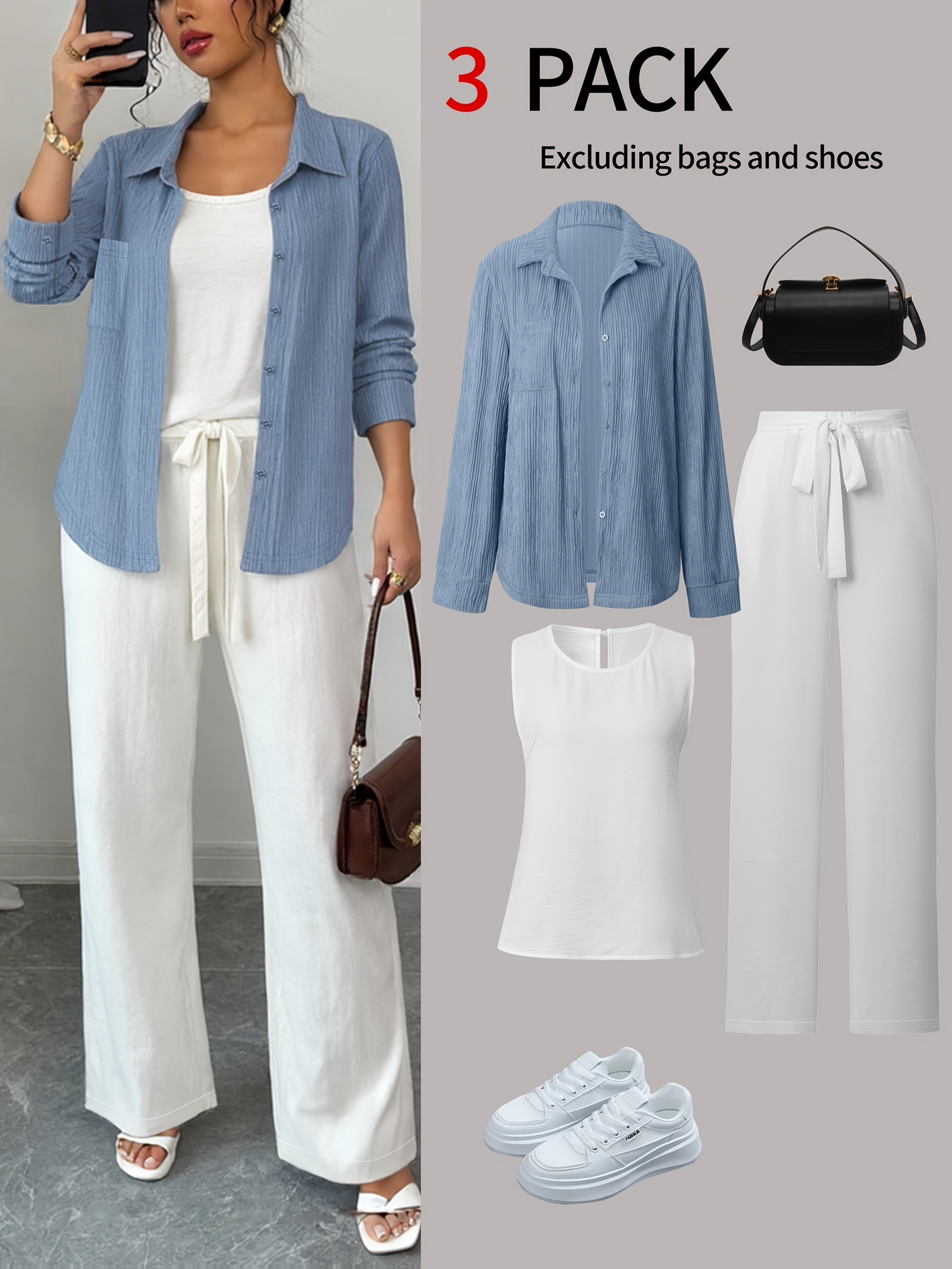 3-Piece Spring Summer Casual Set, Relaxed Cardigan, Sleeveless Top & High-Waisted Wide-Leg Pants, Comfortable Outfit For Women_ecoleips.com