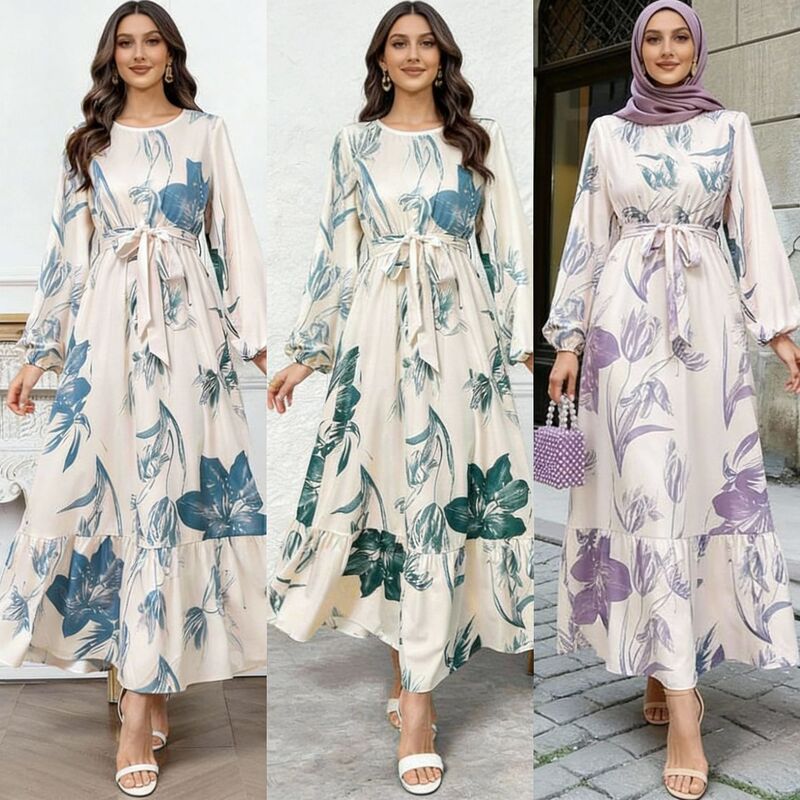 In-Stock Fast Shipping European and American Cross-Border Women's Elegant Floral Print Elastic Waist Dress with Ruffled Hem In-Stock Fast Shipping European and American Cross-Border Women's Elegant Floral Print Elastic Waist Dress with Ruffled Hem