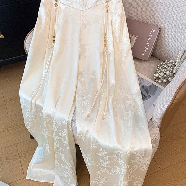 新中式缎面提花唐装阔腿裤女春秋新款国风高腰垂感宽松直筒休闲裤|undefined