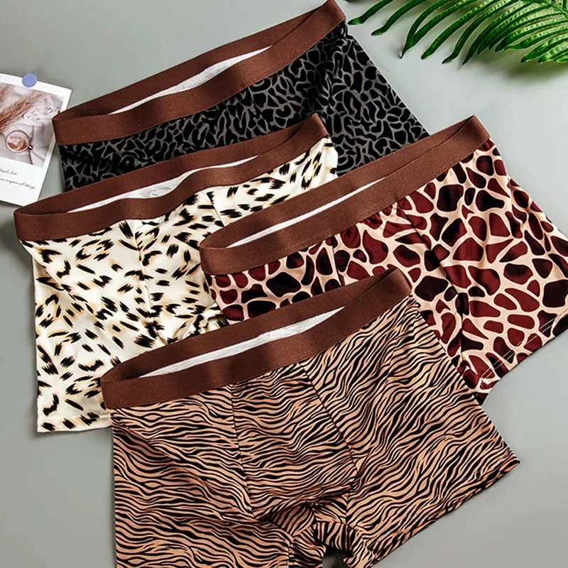 [Одна упаковка] Мужское нижнее белье с леопардовым женьшенем, антибактериальное ледяное шелковое нижнее белье, трусы-боксеры для мальчиков, модные шорты-боксеры