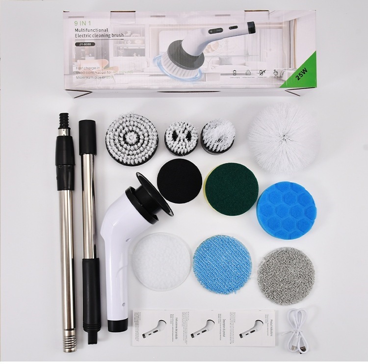 Cepillo de limpieza eléctrica multifuncional transfronterizo nueve en uno de baño de vidrio de longitud ajustable cepillo de doble propósito artefacto de limpieza doméstico