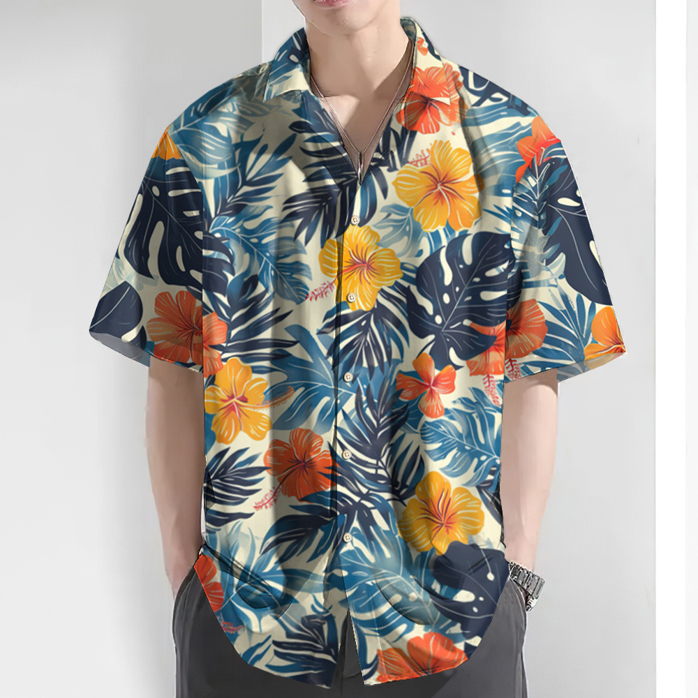 2024 Camisa de manga corta estampada hawaiana para hombre, talla europea, playa, fábrica de camisas para hombre hawaiano