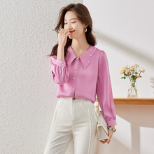2023新款韩国气质显瘦纯色娃娃钉珠长袖雪纺衬衫女秋季上衣淑女