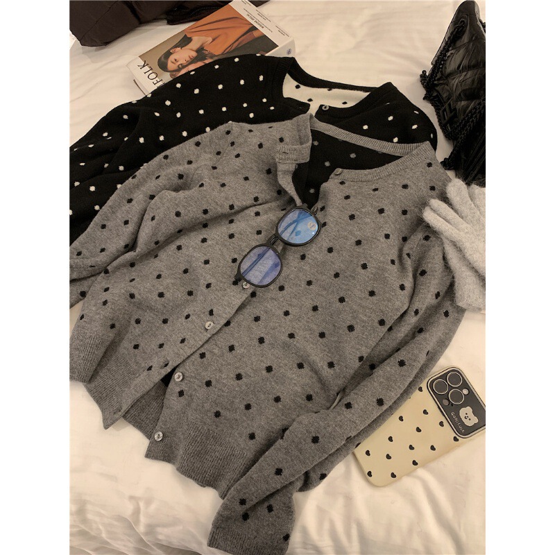 2024 Spring and Autumn Round Neck Single-Breasted Polka Dot Long-Sleeved All-Match Knitted Cardigan Women's Vintage Jacquard Korean Sweater Jacket