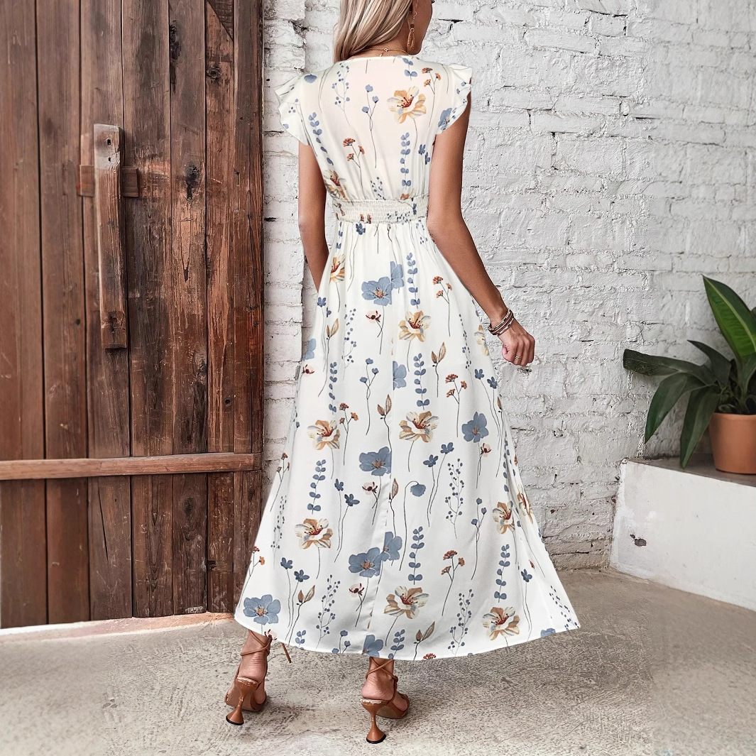 European And American Style Ruffled V-Neck Cross-Border Trade New High-Waisted Slit Printed Long Dress_ecoleips.com