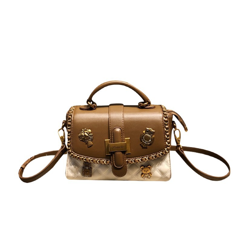 Túi đeo chéo nữ da thật satchel dáng vuông nhỏ gọn — Gấu Nhỏ/Bu Bu/Trắng, Gấu Nhỏ/Bu Bu/Đen