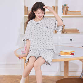 【M-5XL】春夏新款纯棉女短袖短裤加肥加大睡衣宽松女家居服圆领