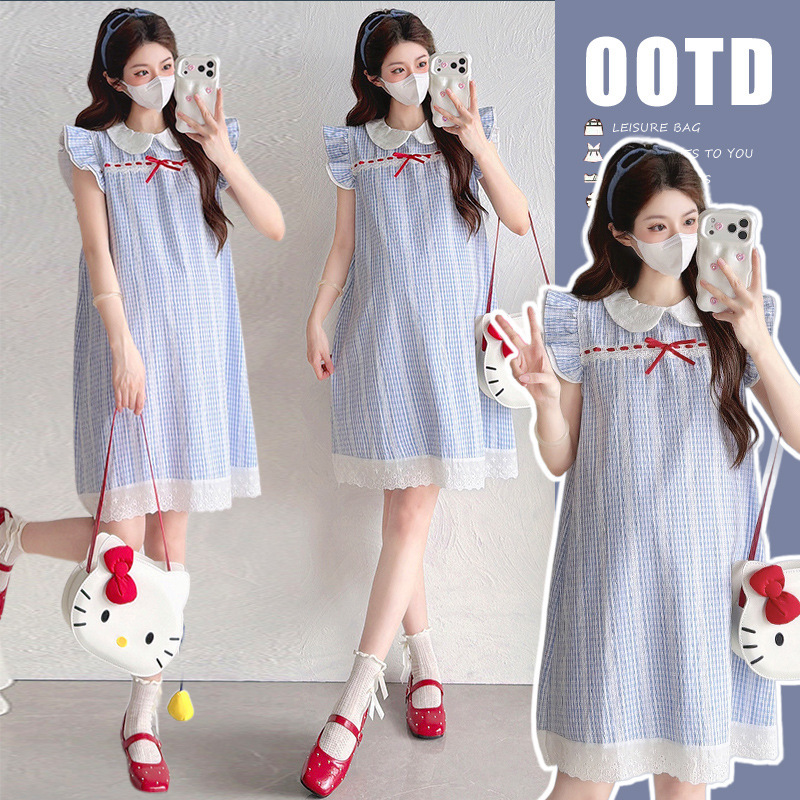 Summer Trendy Mom's New Maternity Wear, Korean Style Cute Style Splicing Fake Two-Piece Doll Dress, Mid-Length Maternity Dress