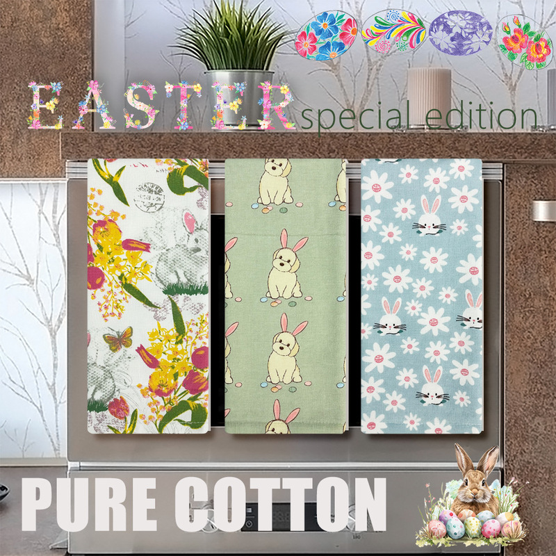 Exported to Europe and America, Easter Kitchen Dish Towels with Rabbit, Egg, and Tulip Prints, Durable Pure Cotton Hand Towels for Home Use