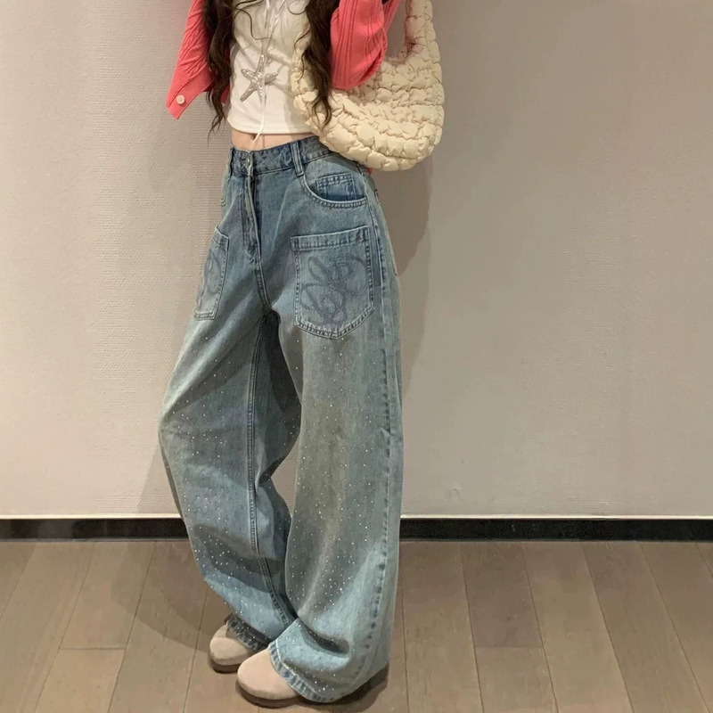 American-style rhinestone wide-leg jeans for women, loose-fitting floor-length denim wide-leg pants, slimming wide-leg jeans for petite women