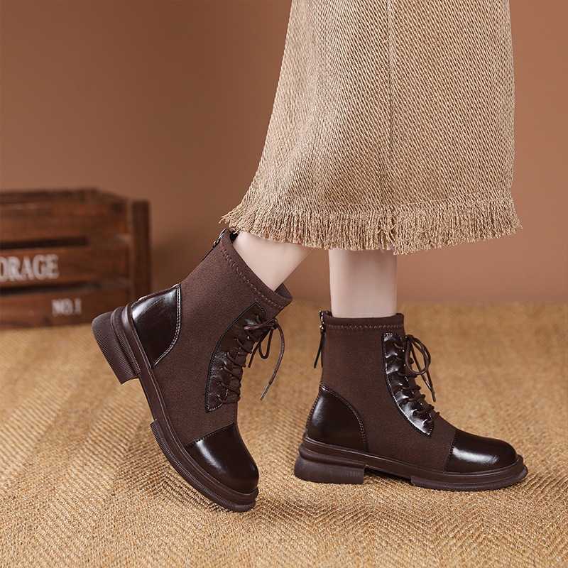 Lace-Up Boots British Style Short Boots for Women French Single Boots Round Toe Thick Heel Martin Boots Slim and Versatile Slim Boots for Women