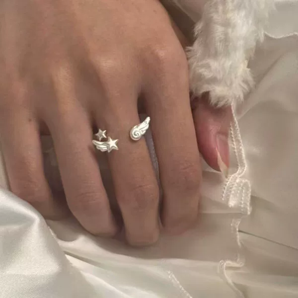White Angel Star Wings Ring for Women, Niche Design, Sweet and Cool, Cute, Adjustable Open Ring for Index Finger