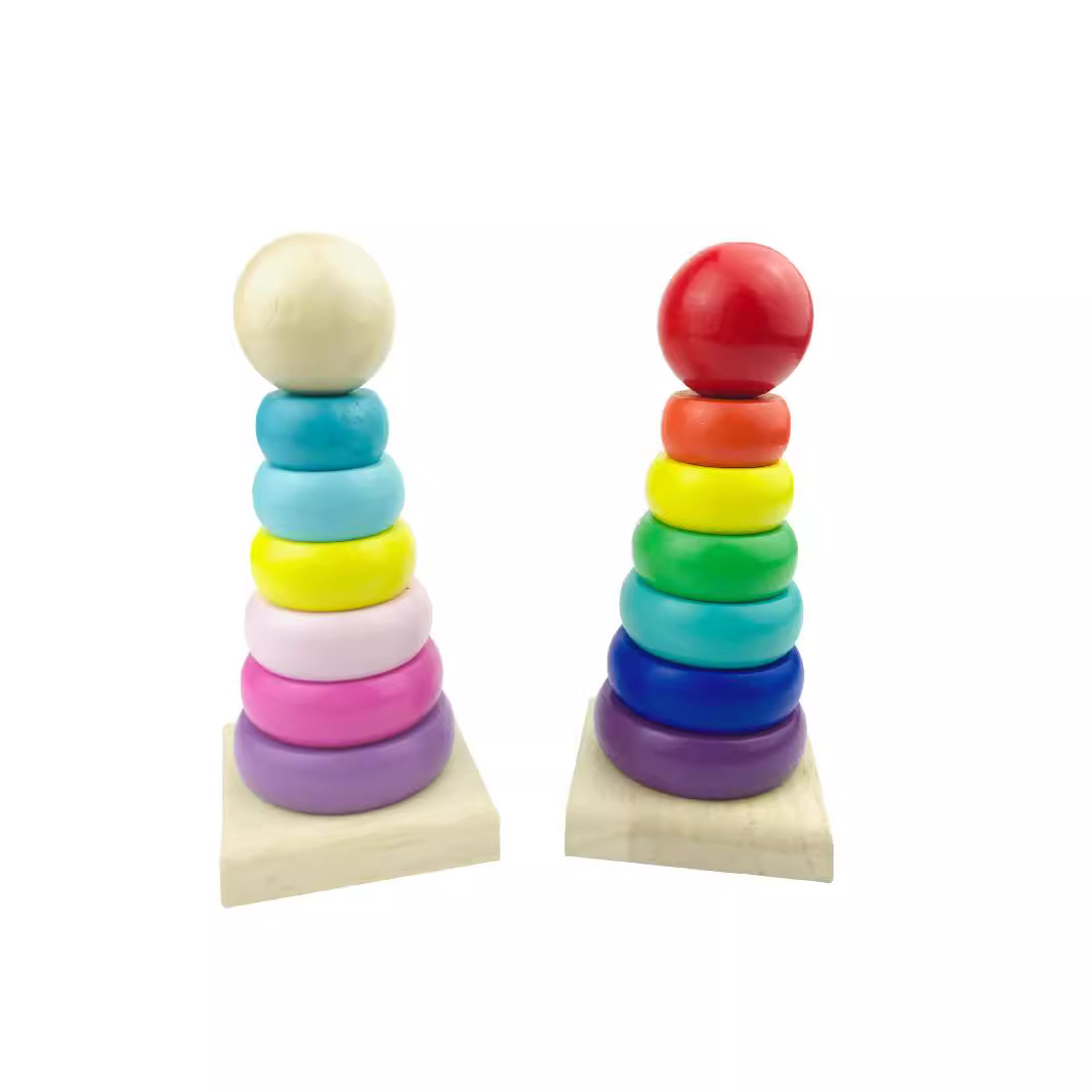 Juguetes educativos de madera para niños Torre de madera de siete colores conjunto Torre del arco iris apilado anillo bloques de construcción puesto Venta caliente al por mayor