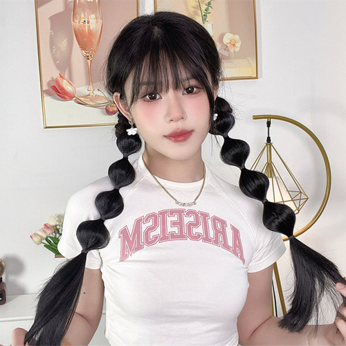Two-Tier E-commerce Hot Girl Lantern Braid Wig for Girls, Simulated Hair Double Ponytail