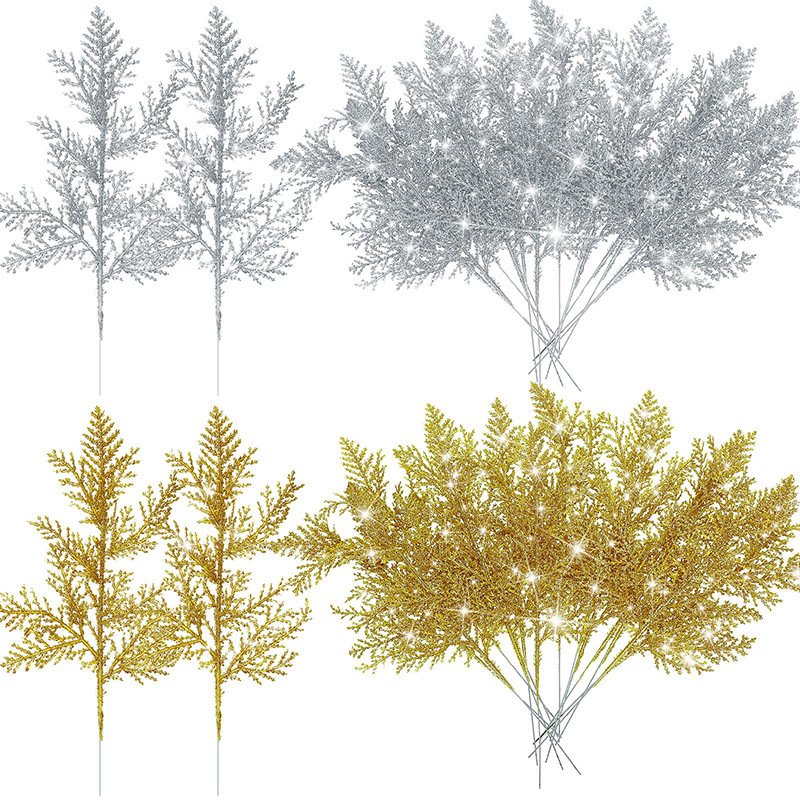 跨境 人造松针枝 闪光叶圣诞花卉 DIY家居花园装饰花环布置