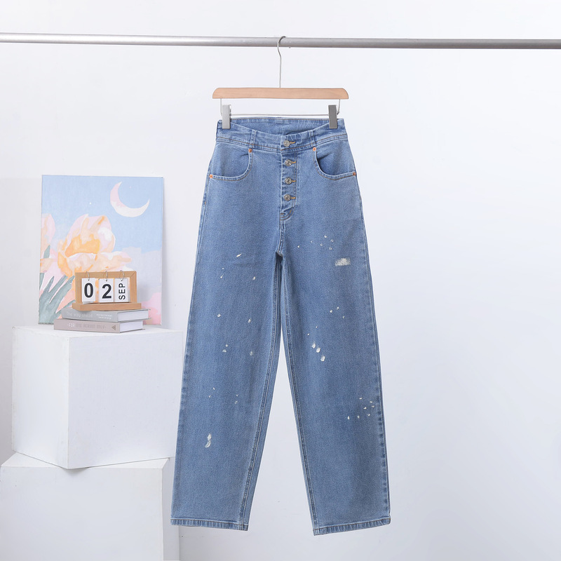 Non-Returnable, Non-Exchangeable mm Front Door Button with Waist Splash Ink Women's Straight Jeans High-Waisted Fashionable Pants for Women