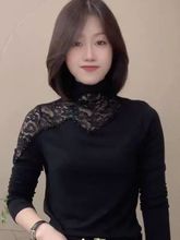 秋季新款妈妈装半高领打底衫镂空领加绒时尚百搭内穿外穿长袖蕾丝