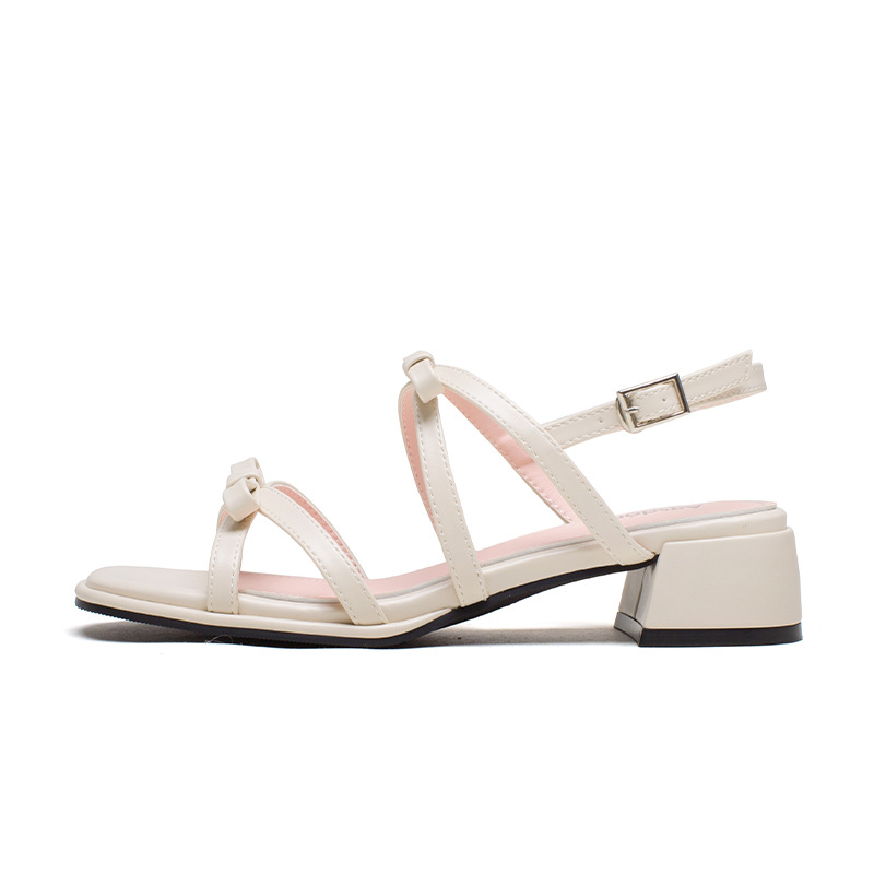 Sandalias de tacón grueso Augu Shiden para mujer, nuevo estilo francés de verano 2025, adecuadas para usar con faldas, zapatos individuales con lazo estilo hada.