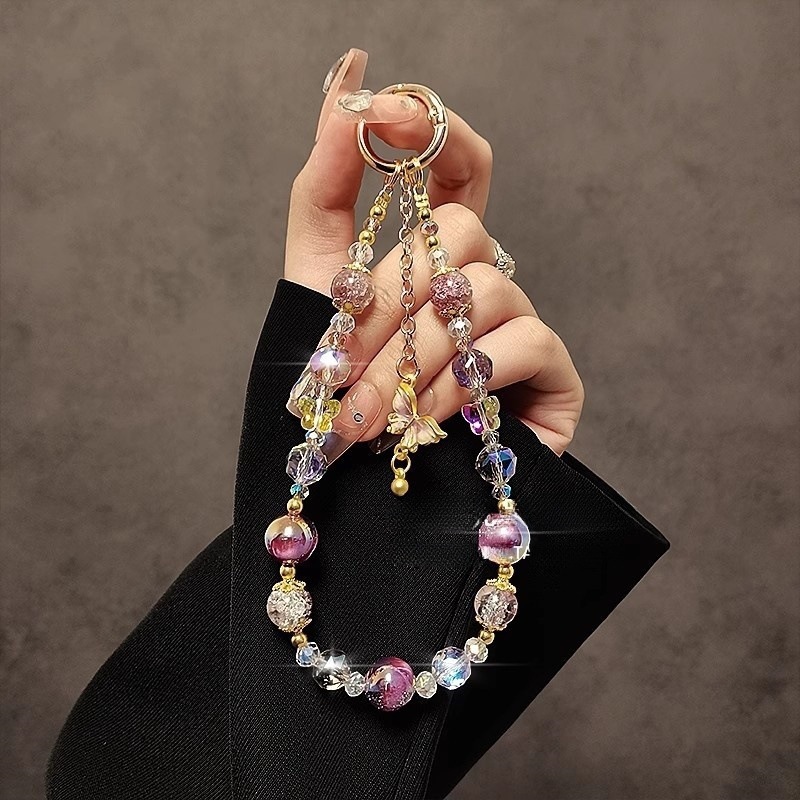 Luxury Crystal Phone Chain with Gold Foil Hand-Beaded Short Wristband, Fashionable Butterfly Pendant, Phone Strap