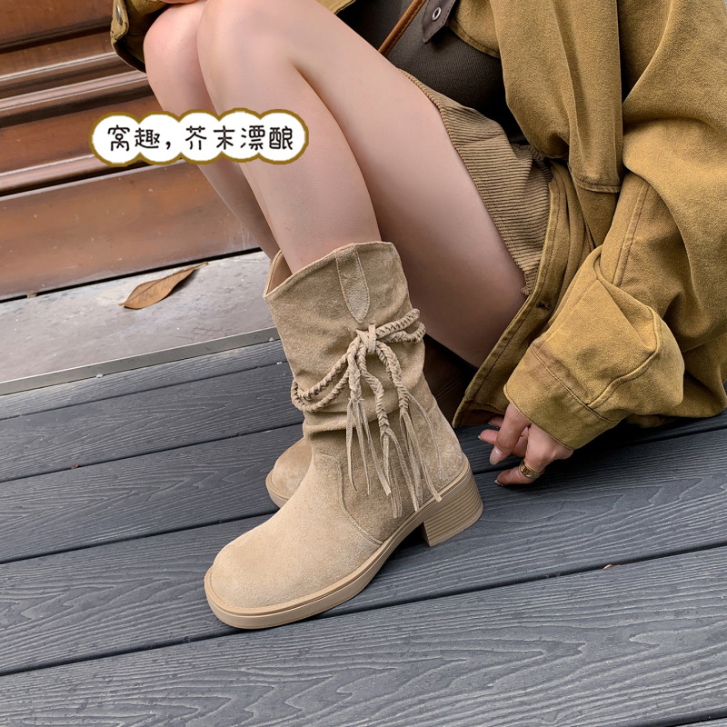 2025秋冬上新埃及靴~流苏粗跟中高筒长靴西部牛仔靴女堆堆瘦瘦靴|undefined