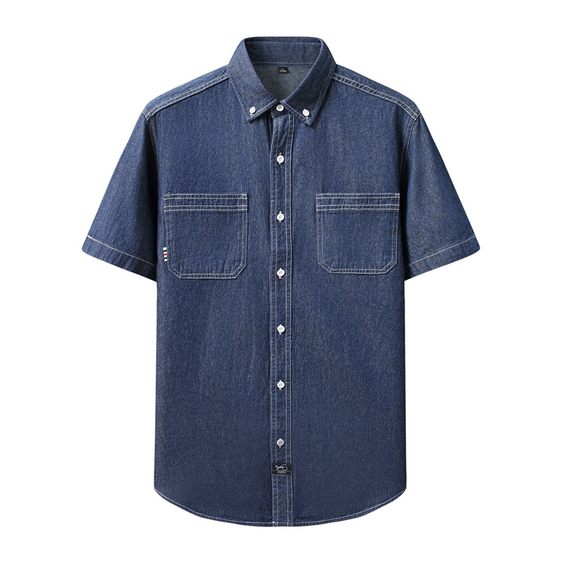 2025 Foreign Trade Men's Summer New Lapel Pocket Solid Color Washed Denim Short-sleeved Shirt plus size Casual Shirt