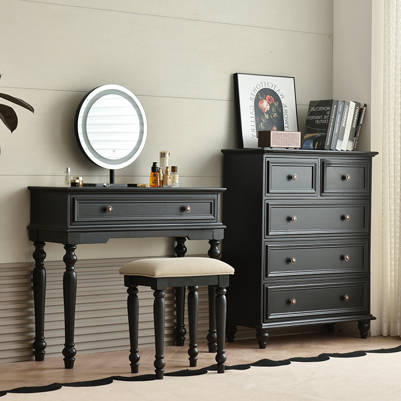 Solid Wood American Chest of Drawers Makeup Table Combination Retro Black Modern Simple Small Apartment Master Bedroom