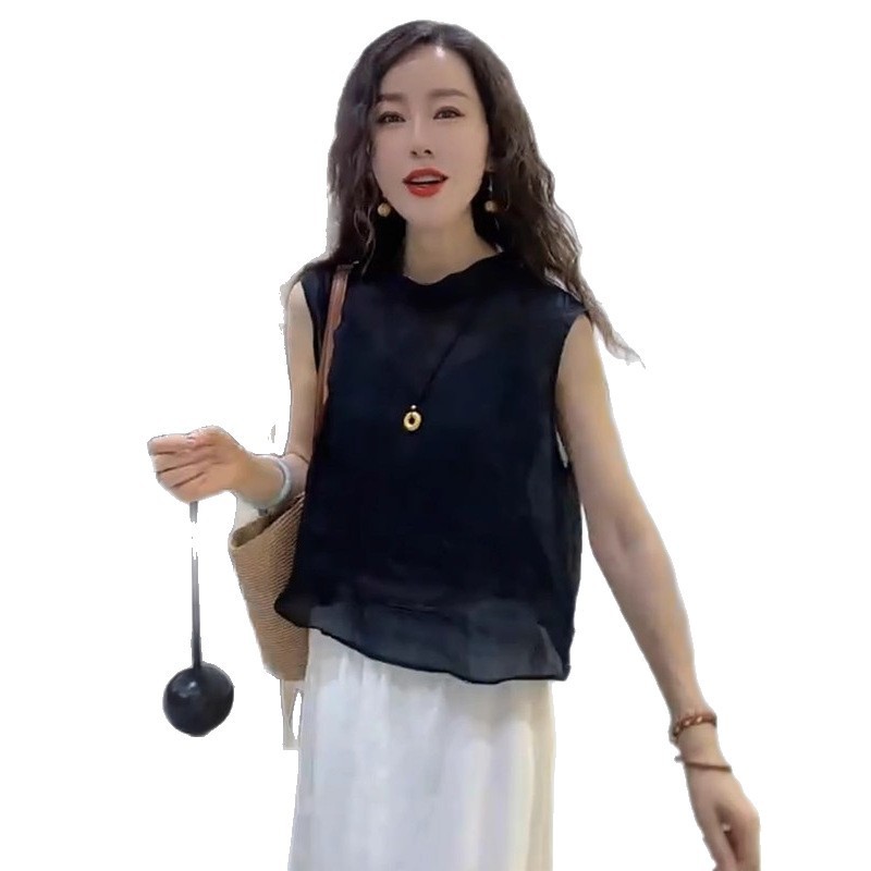 法式无袖衬衫上衣女士2025年夏季新款宽松高级感苎麻小衫衬衣女装|undefined