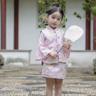 New Chinese style girls' spring and autumn new purple fairy butterfly vest skirt suit
