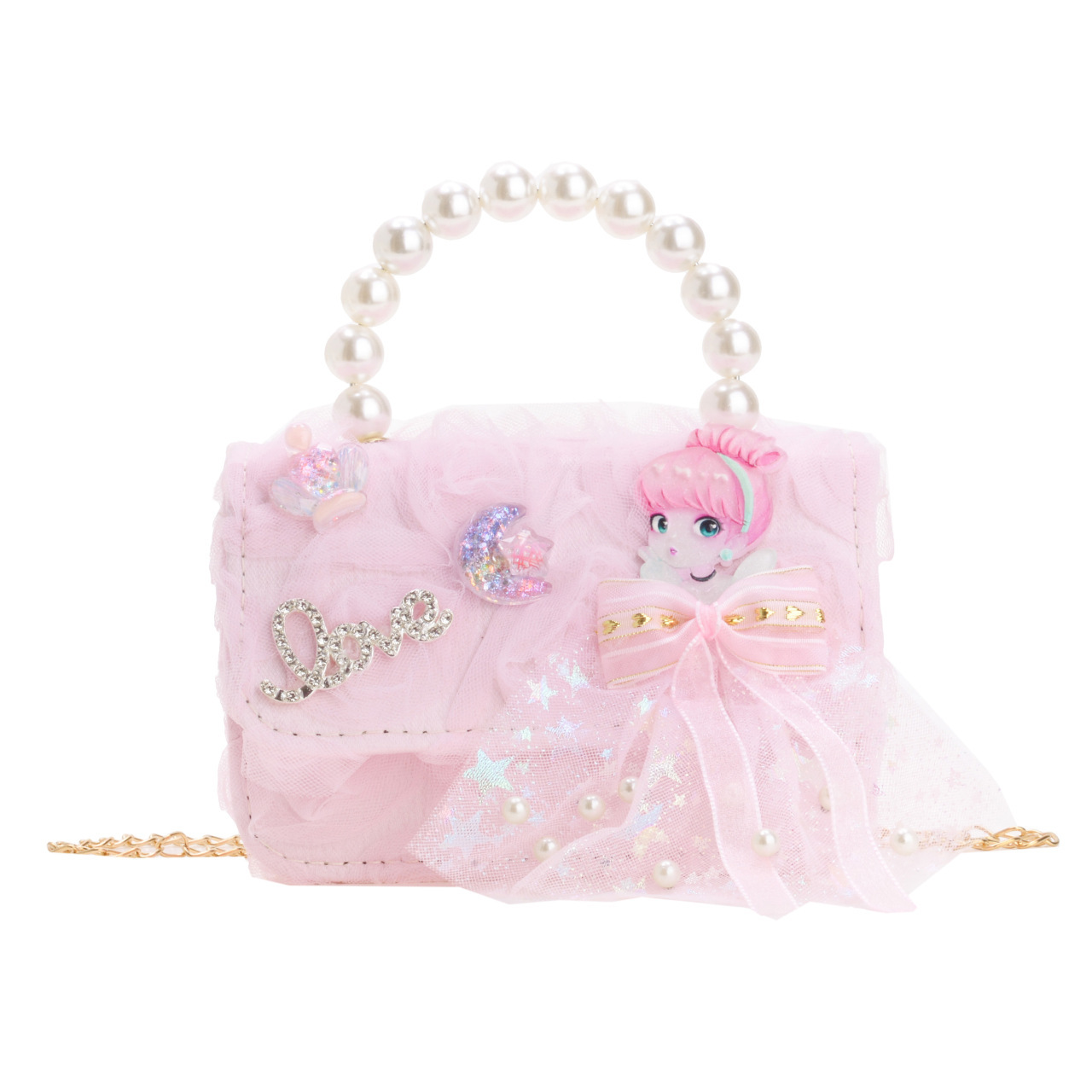 Dulce princesa bolso de hombro de perlas portátiles 2025 mini bolso de cadena de arco para niños