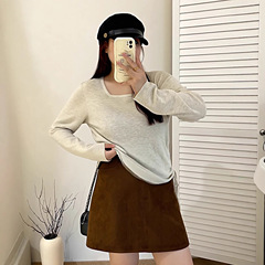 【包邮】大码女装休闲百搭方领上衣2025秋胖mm宽松侧边抽绳针织衫