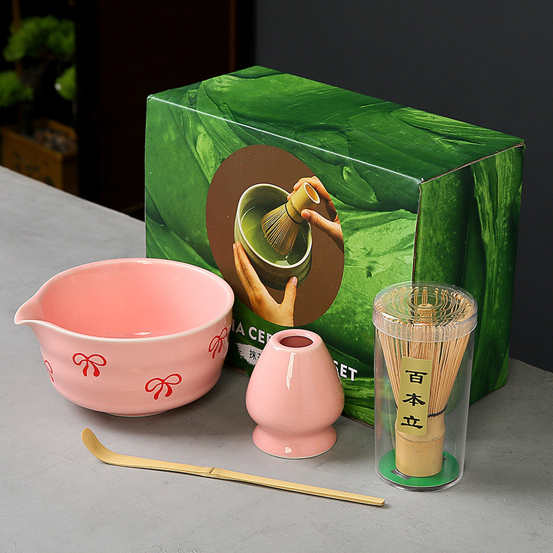 跨境抹茶碗套装樱桃蝴蝶结心形图案花纸陶瓷百本立茶筅点茶系列|undefined