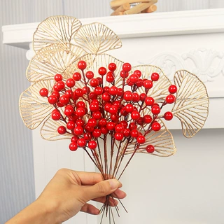 仿真单叉红果发财果银杏叶尤加利diy插花年宵花摄影道具福桶配件