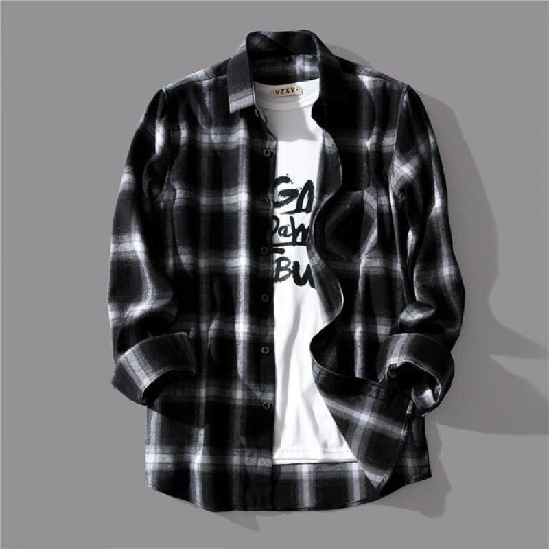Black and White Plaid Shirt Men's Trendy Loose Shirt Casual Long Sleeve American Style High Street Jacket Cheap Foreign Trade Cross-border