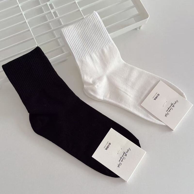 Ggorangane Solid Color Versatile Casual Cotton Socks Korean Socks Dongdaemun All-Season Ribbed Socks Mid-Tube Socks for Women