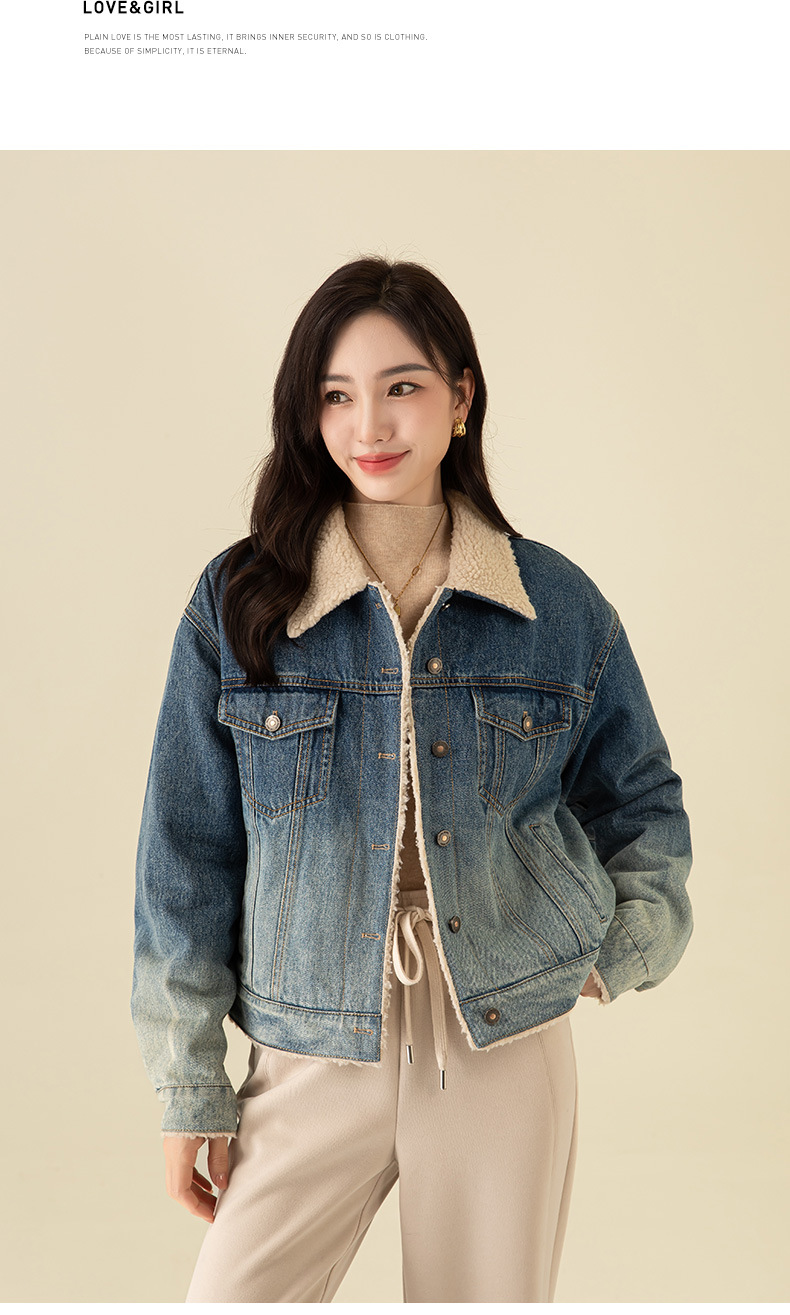 Áo khoác ngắn nữ denim phối màu giả lông cừu, dày dặn giữ ấm — Chuyển dần xanh lam chi tiết 21